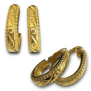 Sarah Coventry Vintage SC Goldtone Hoop Engraved Scrolls Clip On Earrings